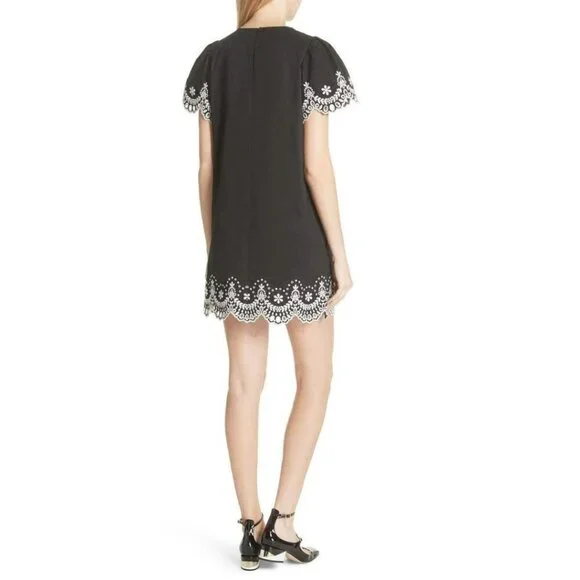 Kate Spade Black Floral Embroidered Cotton Shift Mini Dress Small Short Sleeve